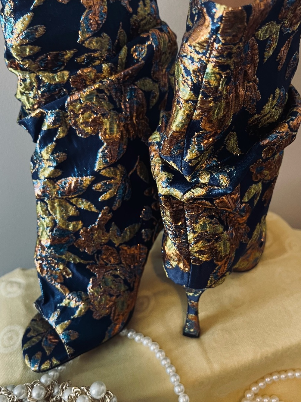 AKIRA Navy Floral Embroidered Slouch Peep-Toe Stiletto Boot - Picture 5 of 8